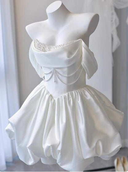 Elegant Off The Shoulder A Line Mini Birthday Dress,White Beaded Satin Pleated Short Homecoming Dress D3008