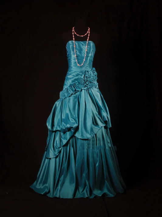 Vintage Strapless Blue Green Satin Pleated Floral Mermaid Long Party Dress Evening Gown D2230