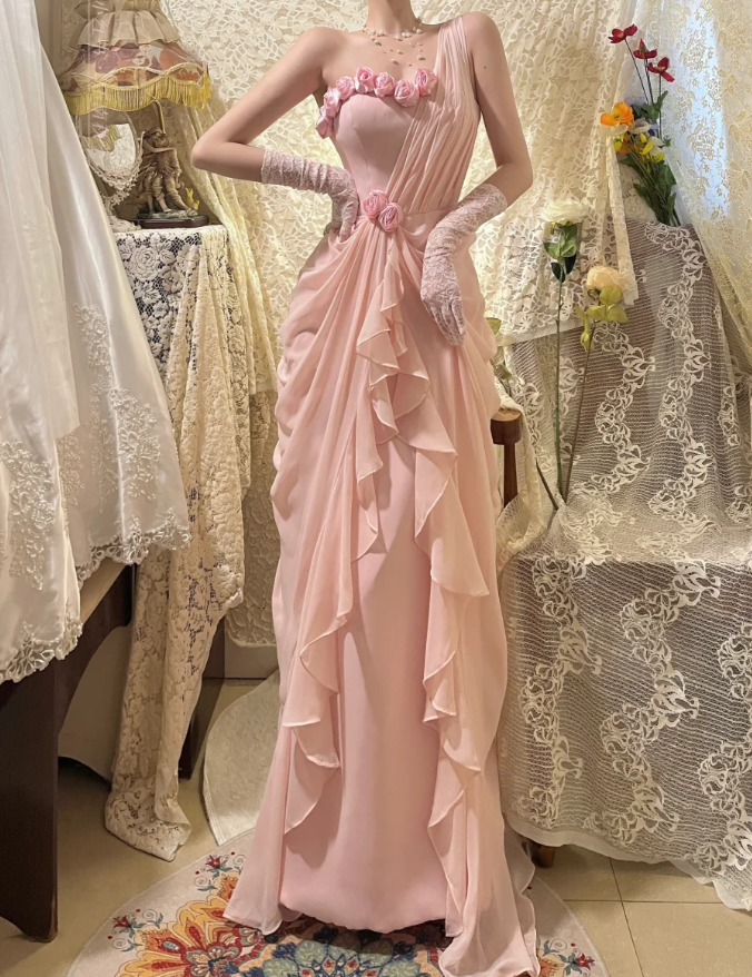 Pretty Pink Chiffon Pleated One Shoulder Mermaid Long Party Dress Evening Gown With Flowers D21116