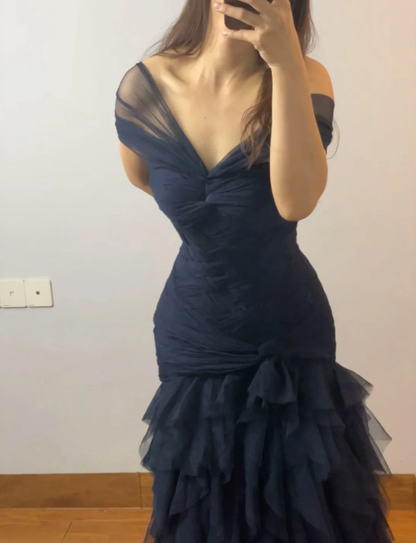 Elegant Navy Blue Tulle Pleated Layered Mermaid Evening Dress Off The Shoulder Long Weding Guest Dress Prom Gown D2029