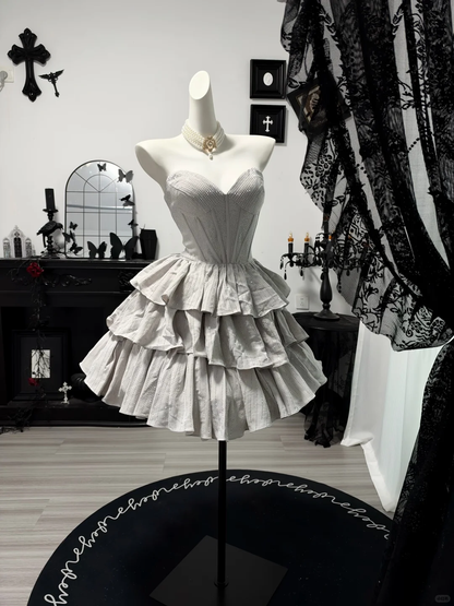 Vintage Sweetheart Neck Satin Beaded Layered Short Homecoming Dress Cocktail Dress D4710