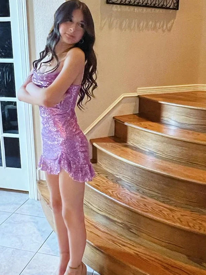 Shiny Purple Sequin Ruffles Short Homecoming Dress Cocktail Dress D4382