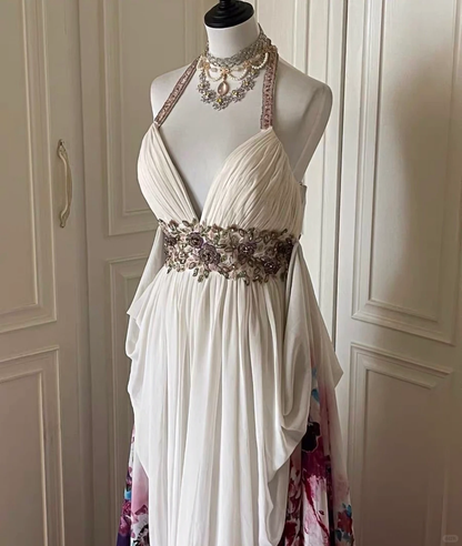 Beautiful Halter Beaded Chiffon Print Floral Mermaid Evening Dress,White Long Party Gown D3105
