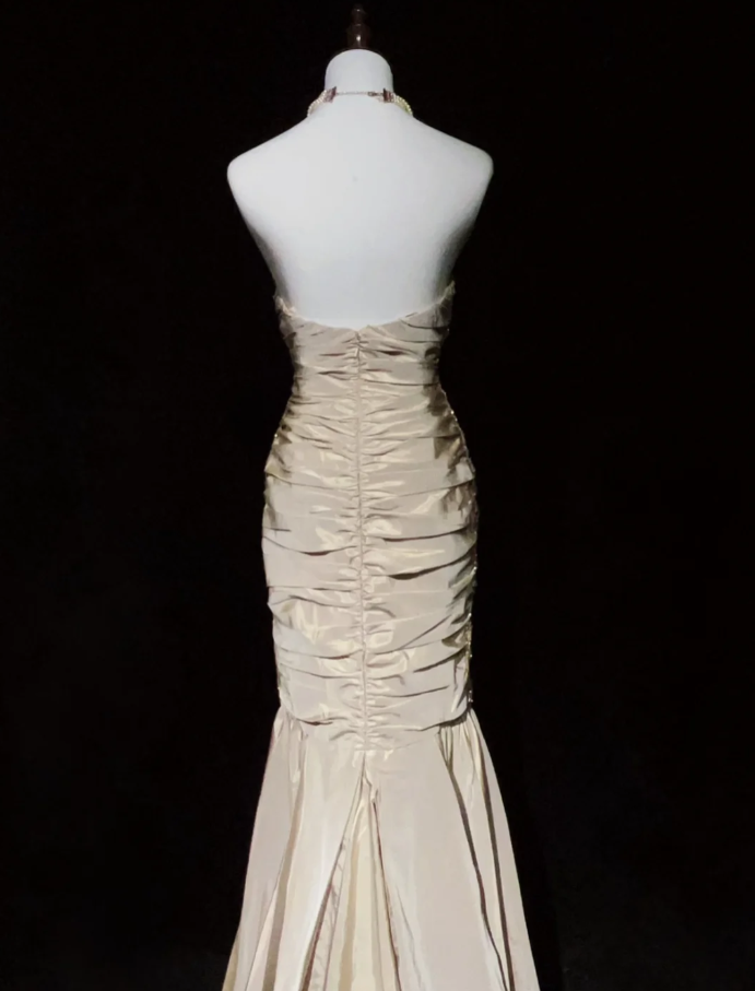 Elegant Strapless Satin Pleated Beaded Mermaid Long Wedding Guest Dress Formal Evening Dress Party Gown D1848