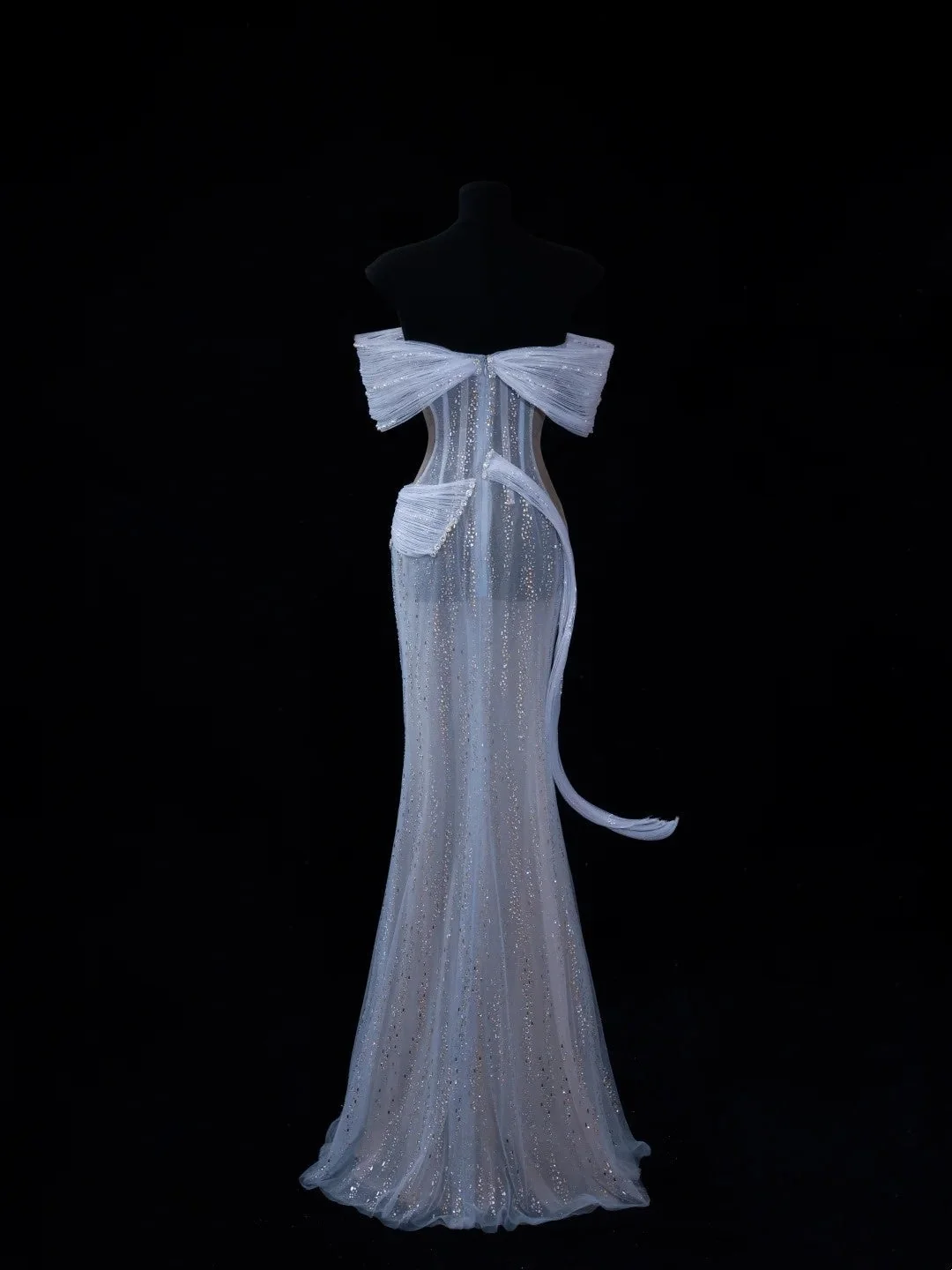 Elegant Off The Shoulder Light Sky Blue Tulle Sequin Long Evening Dresses Mermaid Long Party Dress D4465