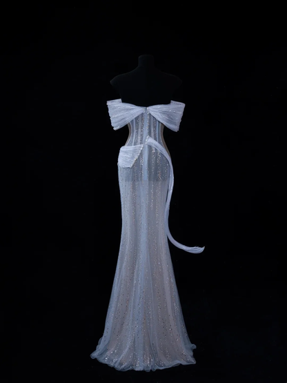 Elegant Off The Shoulder Light Sky Blue Tulle Sequin Long Evening Dresses Mermaid Long Party Dress D4465
