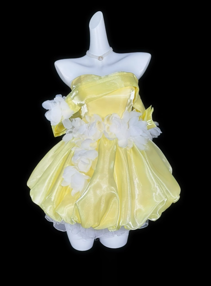 Cute Yellow Satin Tulle Appliques A Line Short 18th Birthday Outfits,Off The Shoulder Mini Party Dress D4161