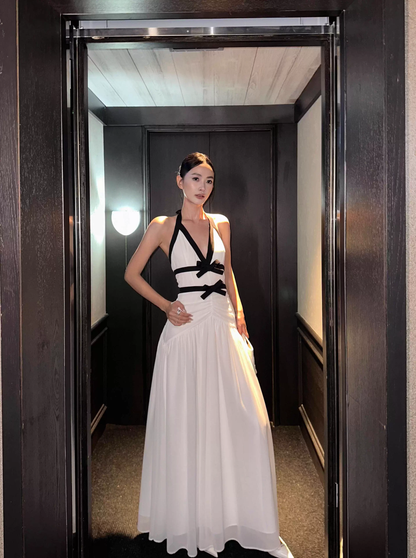 Sexy Halter V Neck Off White Chiffon Mermaid Long Wedding Guest Dress Backless Evening Dress With Bow D2087