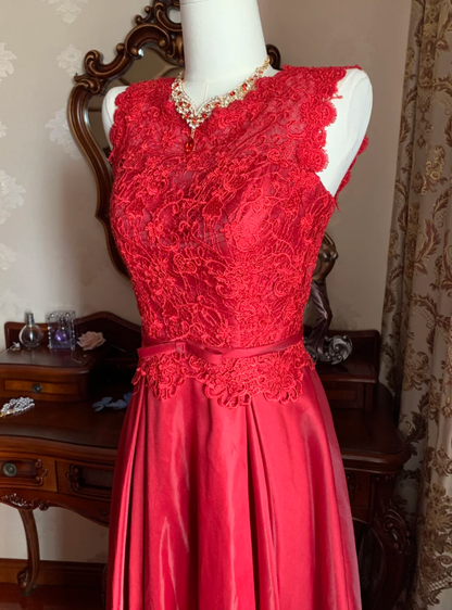 Vintage Red Sleeveless Lace Satin A Line Long Paery Dress Birthday Prom Dress D1715