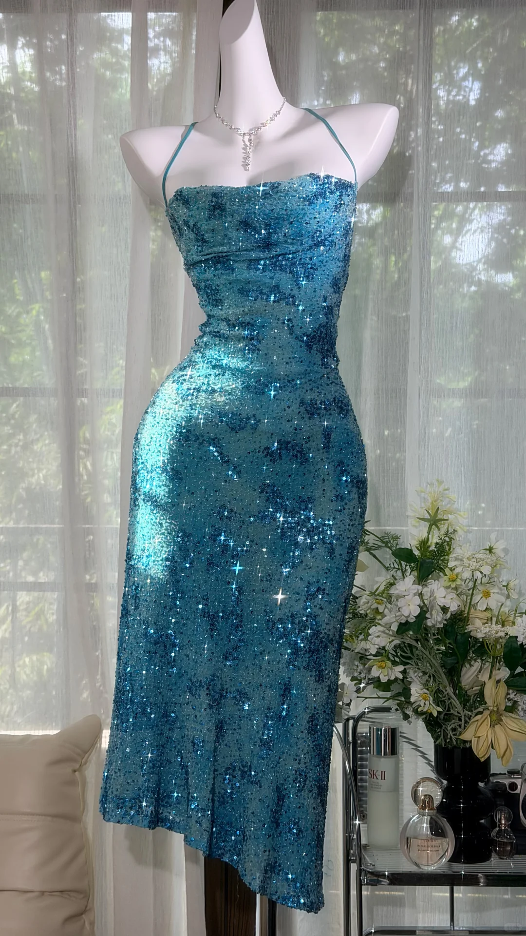Sparkly Tiffany Blue Sequin Sheath Knee Length Prom Dress Birthday Dress D2937
