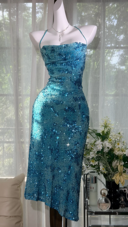 Sparkly Tiffany Blue Sequin Sheath Knee Length Prom Dress Birthday Dress D2937