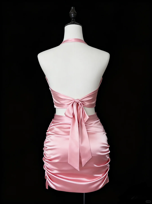 Sexy Halter Pink Satin Pleated Sheath Mini Cocktail Dress Short Homecoming Dress Two Piece D2796
