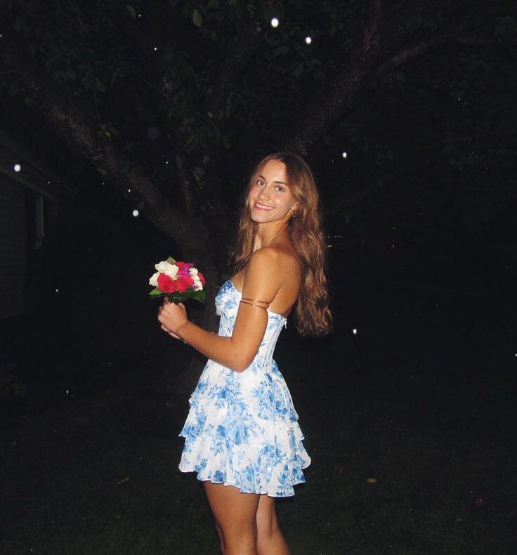 Classy Blue Chiffon Printed Floral Short 9th Grade Homecoming Dress,Sweetheart Neck A Line Mini Birthday Dress D3467