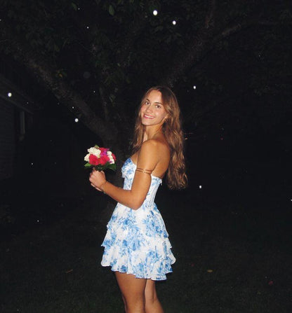 Classy Blue Chiffon Printed Floral Short 9th Grade Homecoming Dress,Sweetheart Neck A Line Mini Birthday Dress D3467