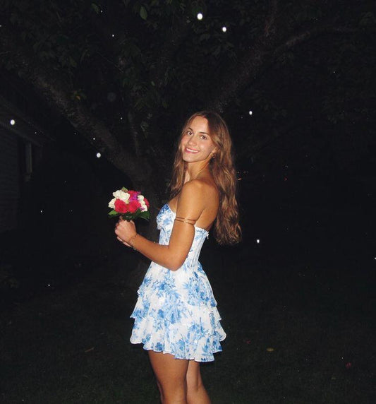Classy Blue Chiffon Printed Floral Short 9th Grade Homecoming Dress,Sweetheart Neck A Line Mini Birthday Dress D3467