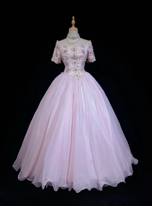 Charming Pink Tulle Lace Beaded Ball Gonn Long Birthady Evening Dress D2070
