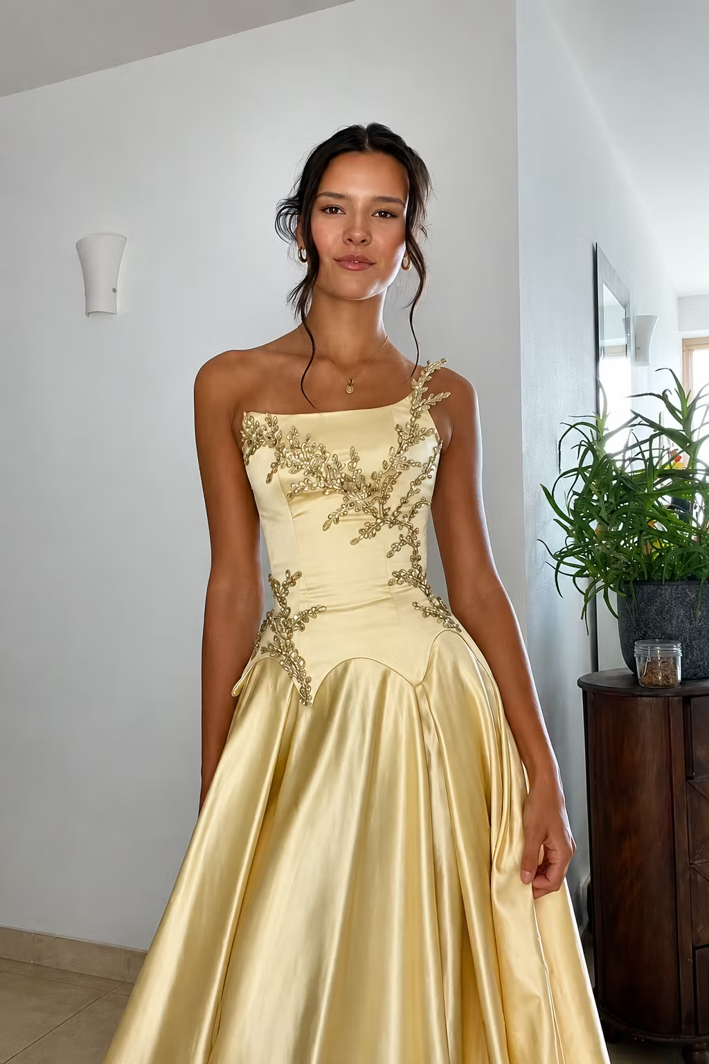 Gorgeous Yellow Satin Beaded Long Party Dress Strapless Long Birthday Prom Dress D4393