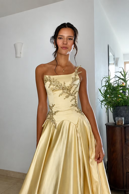 Gorgeous Yellow Satin Beaded Long Party Dress Strapless Long Birthday Prom Dress D4393