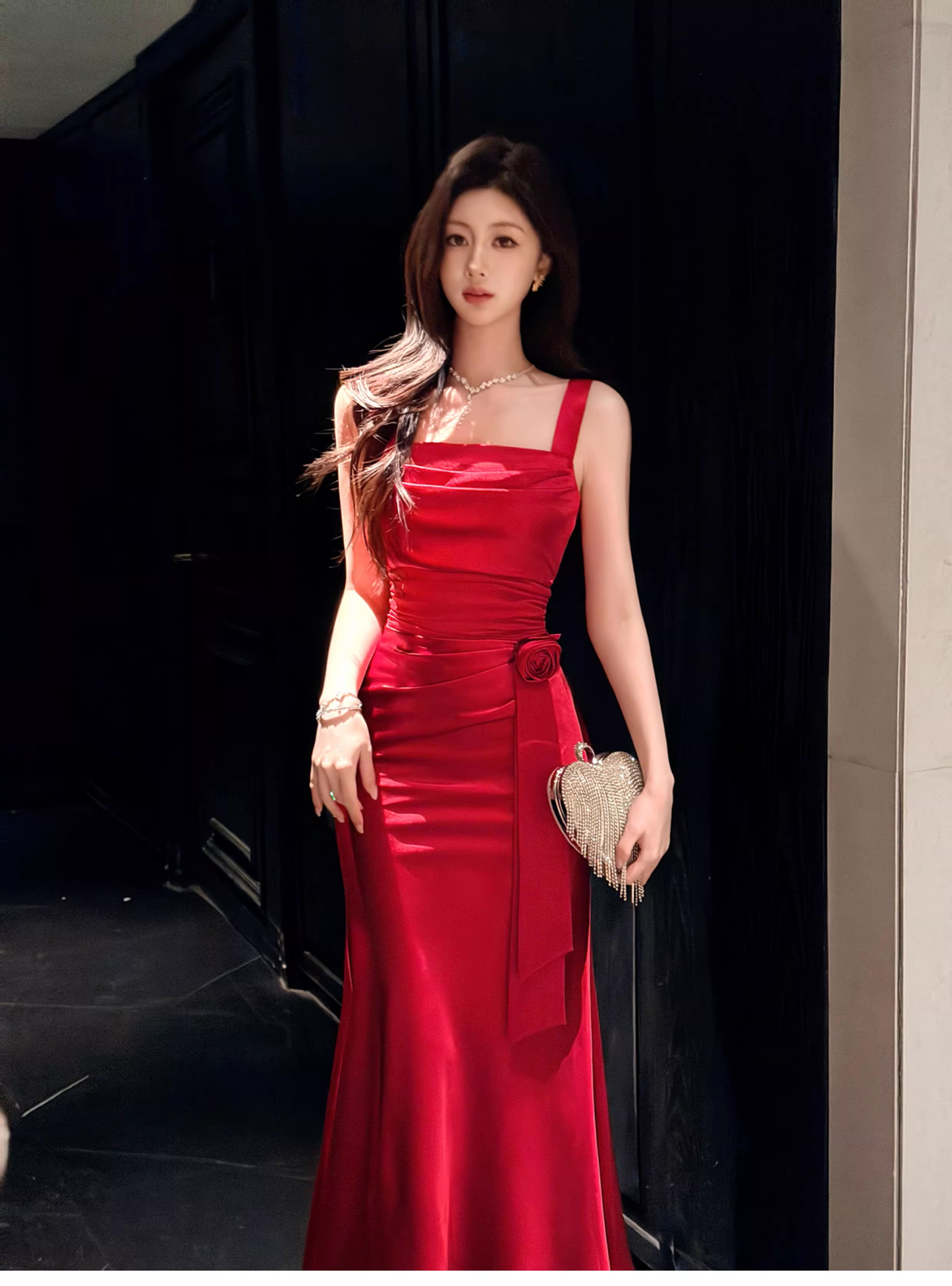 Pretty Red Spaghetti Straps Satin Pleated Mermaid Long Wedding Guest Dress Formal Evening Dress D2180