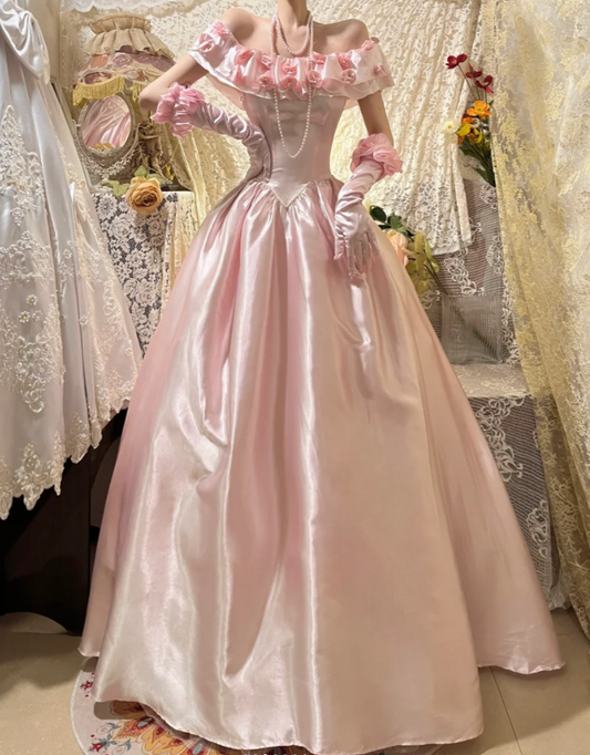 Sweet Pink Ball Gown Off The Shoulder 3D Flowers Beaded Long Birthday Party Dress Evening Gown With Gloves D2110
