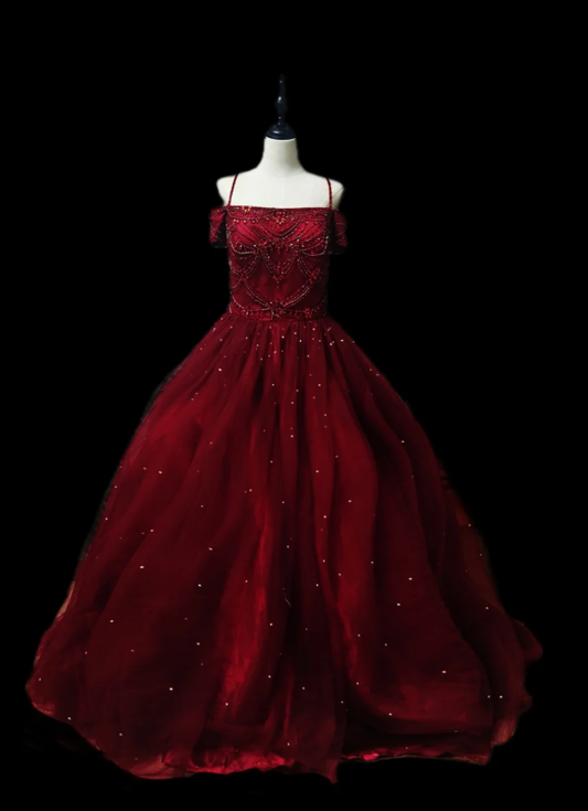 Gorgeous Spaghetti Straps Burgundy Tulle Beaded Ball Gown Sweet 16 Dress D1101
