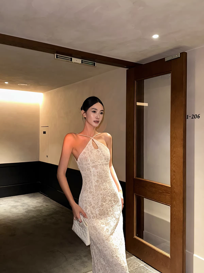 Glamorous Beige Sleeveless Lace Mermaid Slit Long Evening Dress Formal Birthday Party Gown D2086