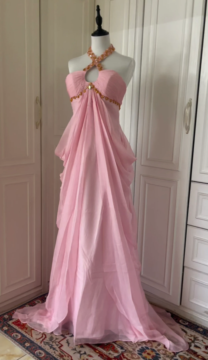 Pretty Pink Halter Chiffon Beaded Mermaid Evening Dress Long Wedding Guest Dress D3107