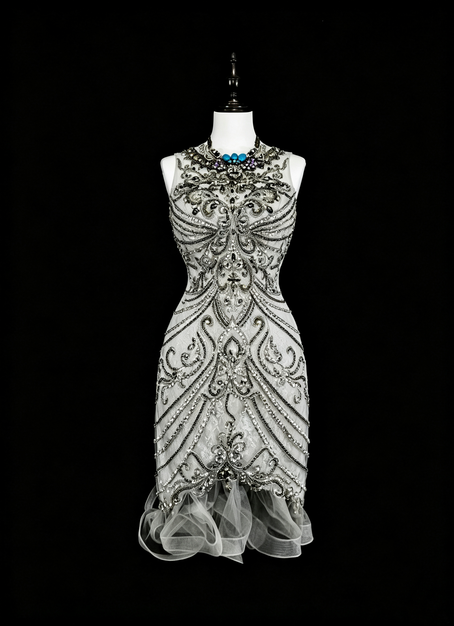Fashion Silver Sleeveless Tulle Beaded Sheath Short Birthday Outfits,Backless Mini Cocktail Dress D4049