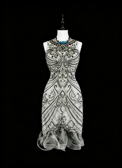 Fashion Silver Sleeveless Tulle Beaded Sheath Short Birthday Outfits,Backless Mini Cocktail Dress D4049