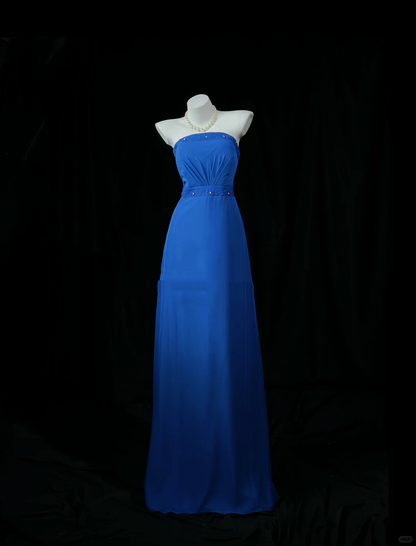 Chic Strapless Satin Beaded Long Wedding Guest Dress Royal Blue Evening Dress Party Dress D2519