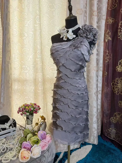 Vintage One Shoulder Gray Chiffon Sheath Cocktail Dress Formal Graduation Homecoming Dress D454