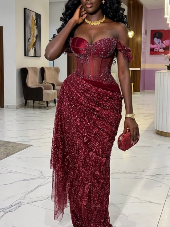 Retro Burgundy Tulle Beaded Sheath Long Evening Dress,Off The Shoulder Birthday Prom Dress D2973
