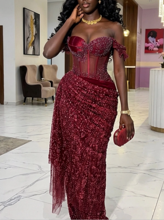 Retro Burgundy Tulle Beaded Sheath Long Evening Dress,Off The Shoulder Birthday Prom Dress D2973