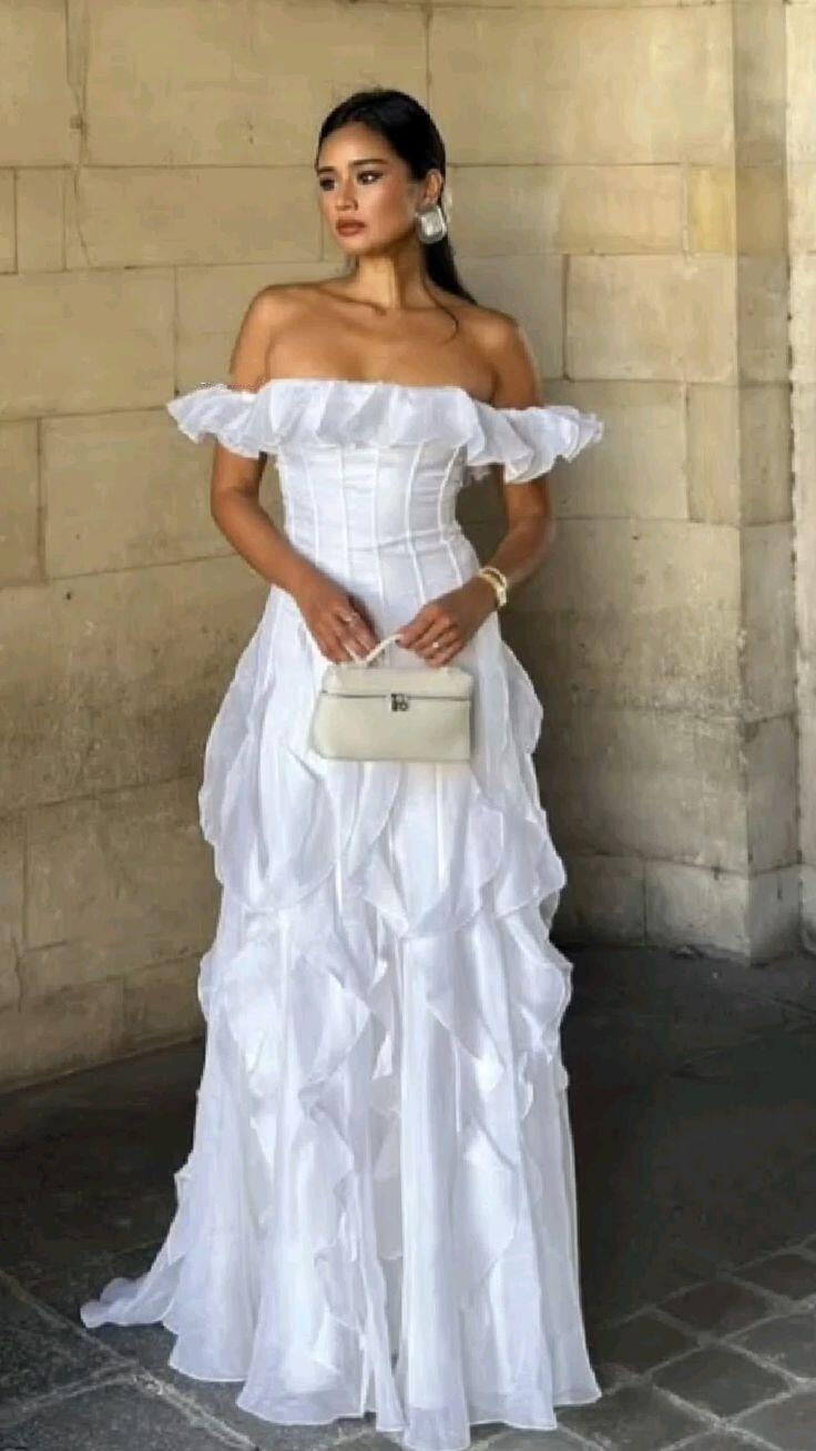 Pretty Off The Shoulder Tulle Ruffle A Line Party Dress White Long Prom Dress D5050