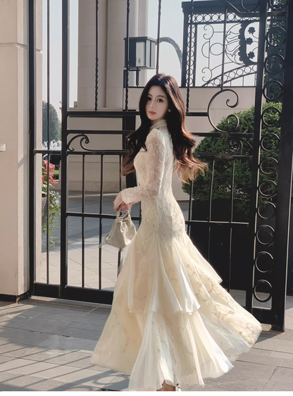 Pretty Beige Tulle Lace Mermaid Long Evening Dress Birthday Prom Dress D2181