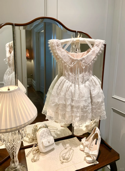 Vintage Lace Layered A Line Short 19th Birthday Outfits White Formal Graduation Homecoming Dress D408