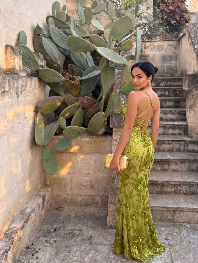 Elegant Spaghetti Straps Green Tulle Sequin Floral Mermaid Long Evening Dress Birthday Party Dress D4724
