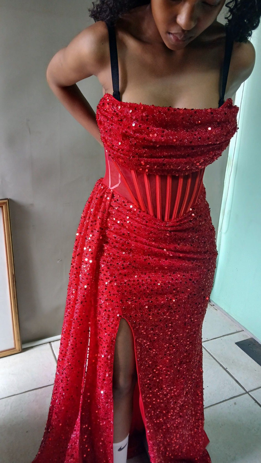 Sparkly Red Strapless Sequin Pleated Mermaid Party Dress Long Wedding Guest Dress D3513