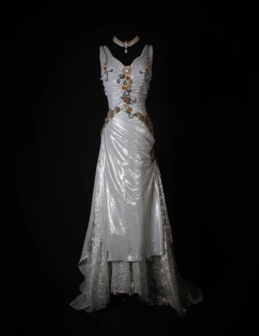 Elegant V Neck Silver Satin Lace Pleated Beaded Evening Dress Long Mermaid Prom Dress D2266