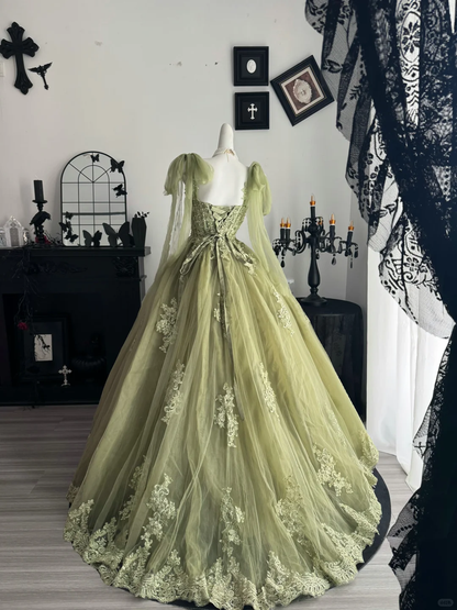 Elegant Bow Straps Ball Gown Sage Green Tulle Appliques Beaded Quinceanera Dresses D3730