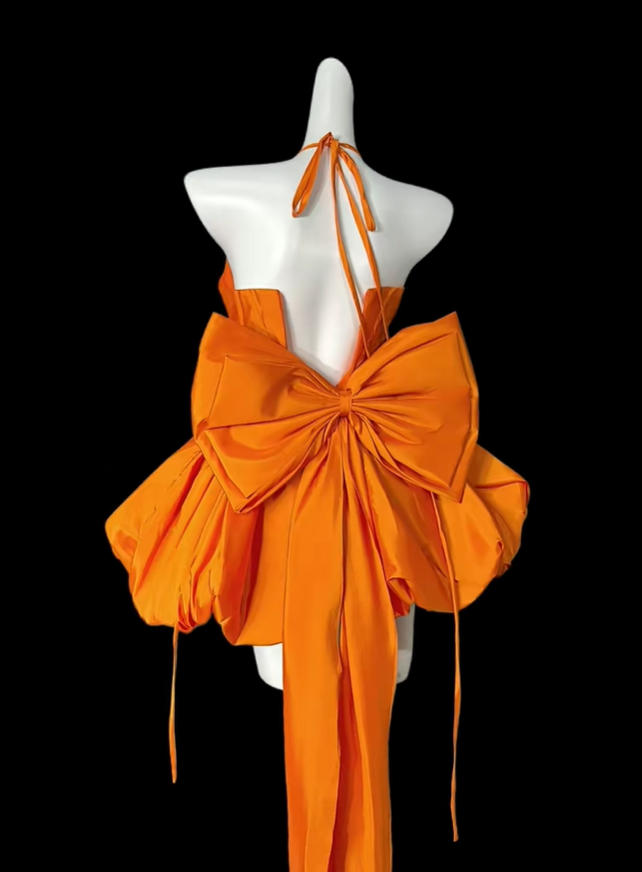 Fashion Orange Halter Satin A Line Short Homecoming Dress Birthday Dress With Bow D4162