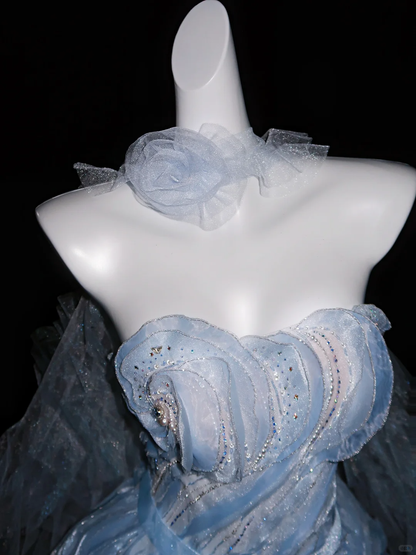 Beautiful Blue Strapless Tulle Floral Sequin Beaded Long Wedding Dress Bridal Gowns D3075