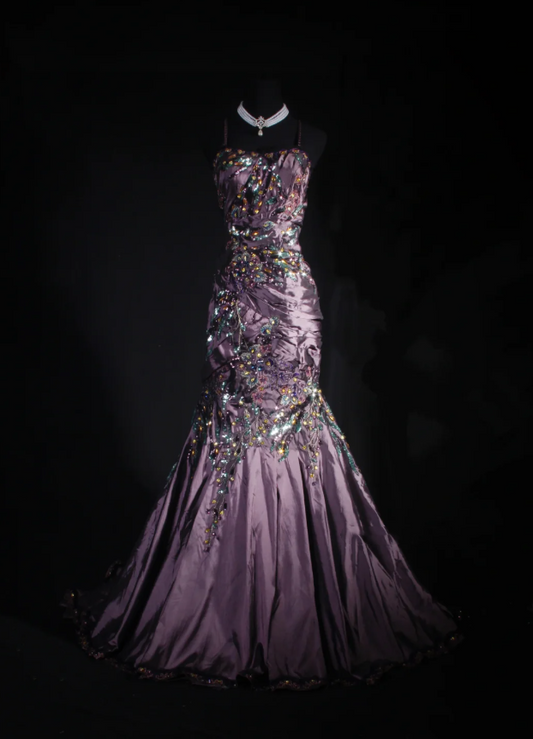 Charming Spaghetti Straps Satin Sequin Beaded Mermaid Evening Dress,Purple Long Party Dress Prom Gown D2009
