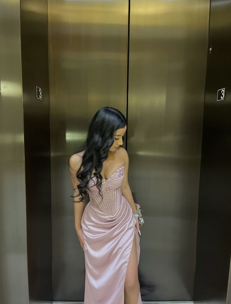 Pretty Pink Sweetheart Neck Satin Beaded Slit Mermaid Prom Dress Long Party Gown D2903
