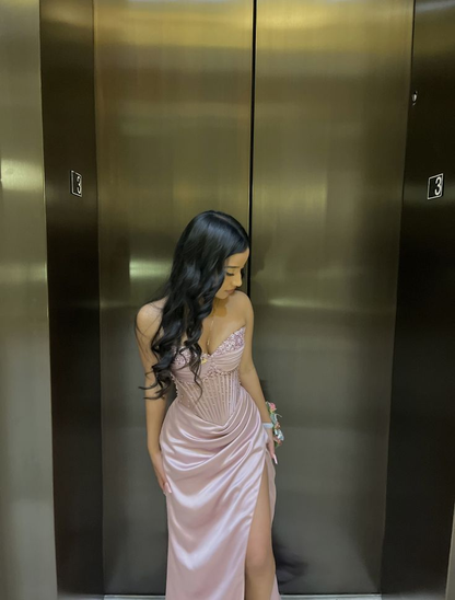 Pretty Pink Sweetheart Neck Satin Beaded Slit Mermaid Prom Dress Long Party Gown D2903