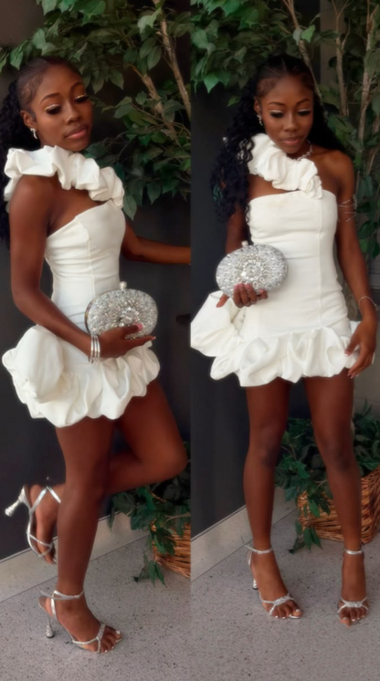 Elegant White Satin Ruched A Line Short 8th Grade Homecoming Dress,One Shoulder Mini Birthday Dress D3682