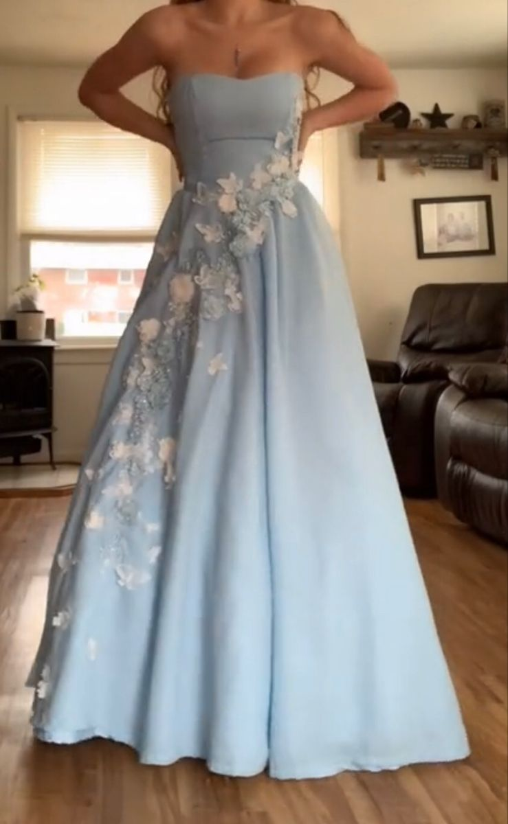 Pretty Strapless Blue Satin Appliques A Line Long Party Dress Birthday Prom Dress D4981