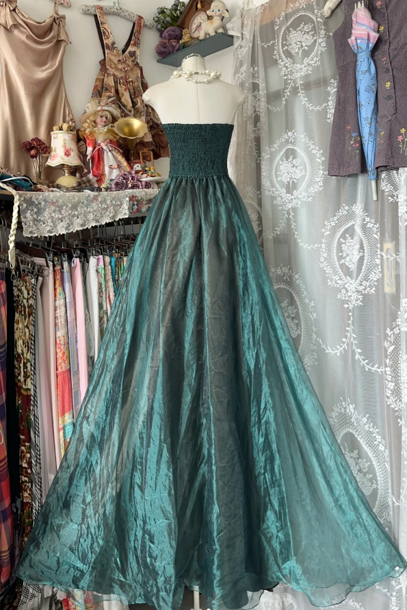 Vintage Strapless Dark Green Organza Ball Gown Long Evening Dress D1290