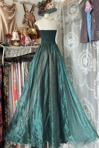 Vintage Strapless Dark Green Organza Ball Gown Long Evening Dress D1290