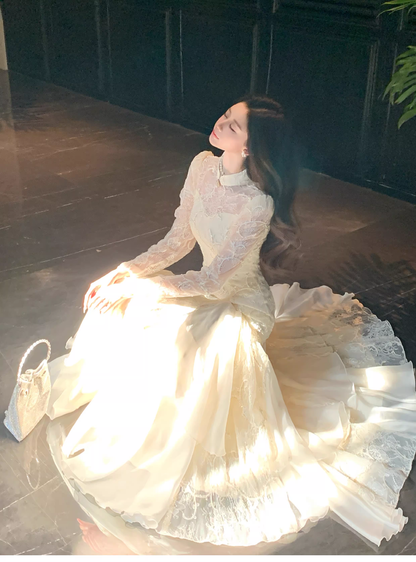 Pretty Beige Tulle Lace Mermaid Long Evening Dress Birthday Prom Dress D2181